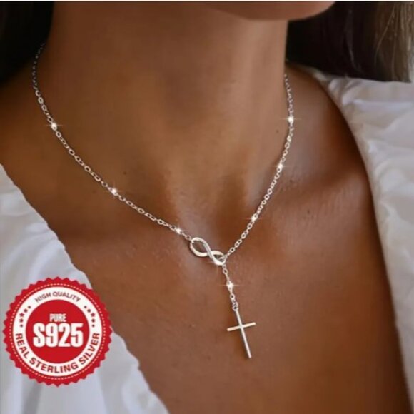 S925 Sterling Silver Infinity & Cross Pendant Necklace NEW - Picture 1 of 6